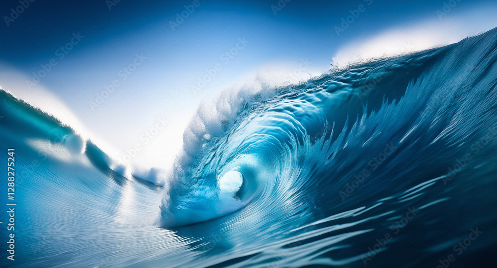 Aufkleber A dynamic ocean wave intensely curls, creating a powerful display of nature's energy with its translucent, deep blue water under bright sunlight.