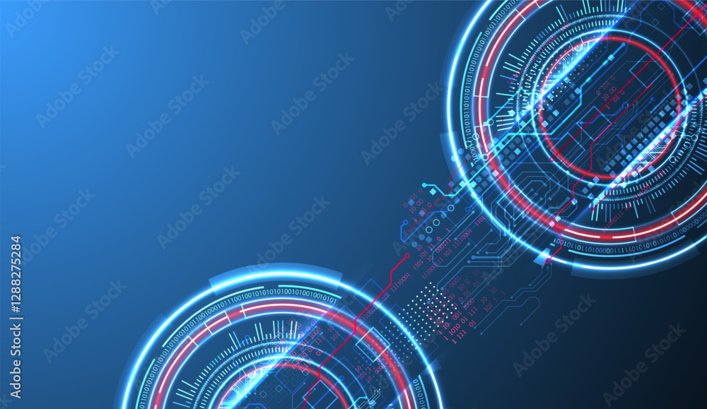 Poster Abstraction on the theme of tech circles. Scientific and technological background. Blue gradient on the background.