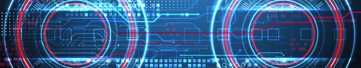 Abstraction on the theme of tech circles. Scientific and technological background. Blue gradient on the background.