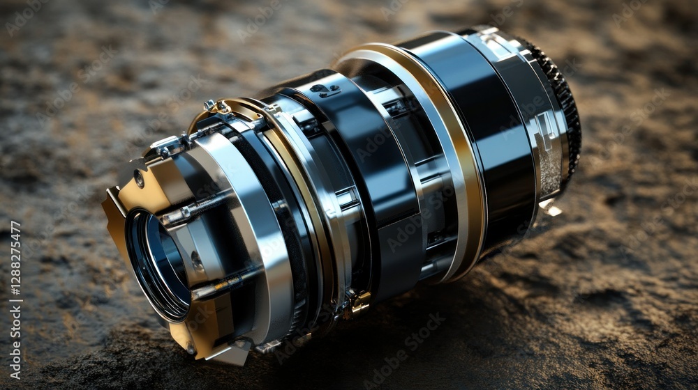 Poster close-up of a high-tech camera lens resting on a textured surface with shadows and reflections
