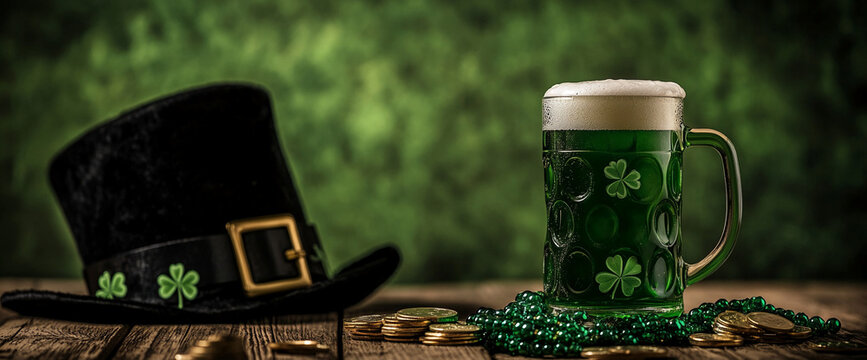 Leprechaun hat with shamrocks and gold coins next to a green beer in a mug, celebrating St. Patrick's Day with festive decorations and Irish symbols