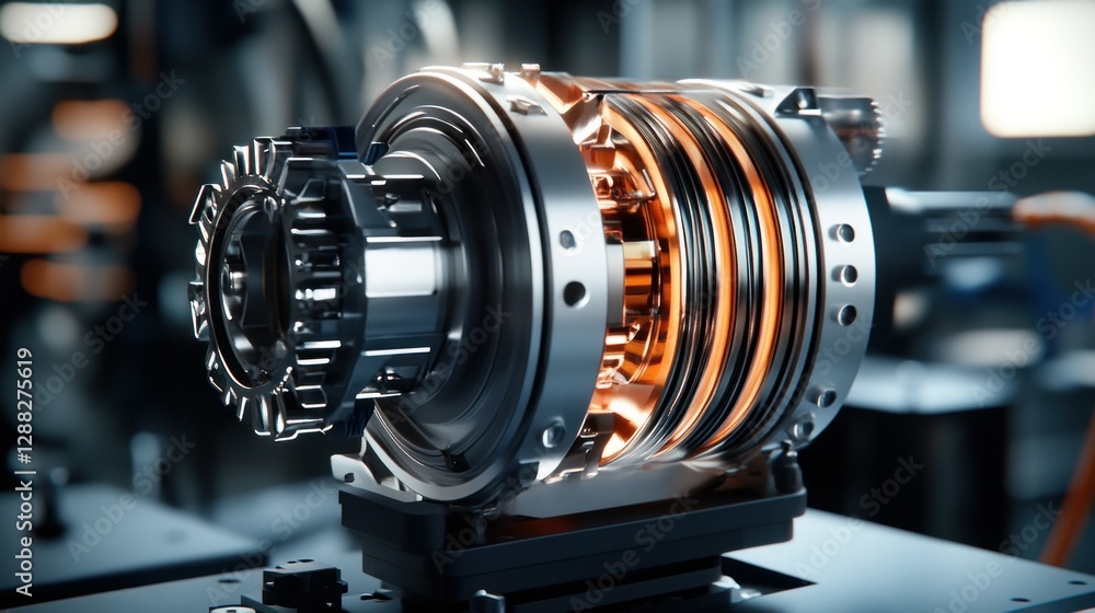 Poster close-up of a high-tech electric motor component showcasing intricate design and engineering