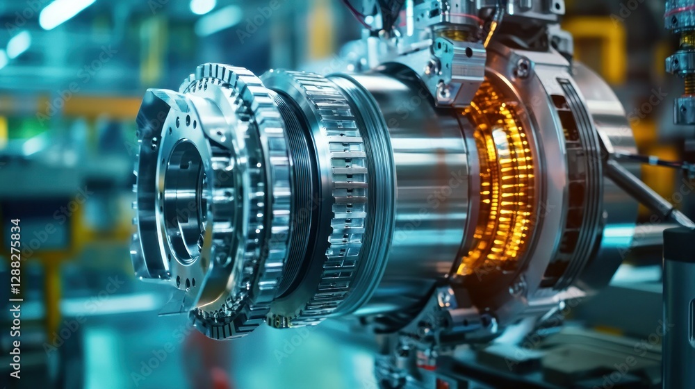 Poster close-up of a high-tech turbine engine component in a modern industrial setting with machinery