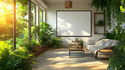 3D Illustration Cozy Living Room Interior Design with Indoor Plants, Sunlight, and Modern Furniture