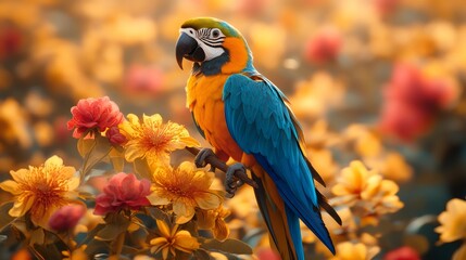 Blue and yellow macaw perched on branch in lush flower garden