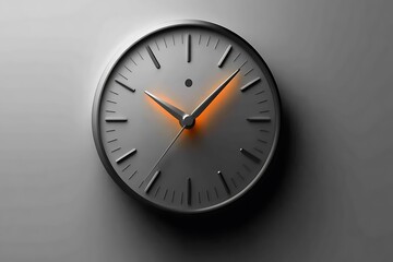 A modern, minimalist clock on a grey wall, glowing orange hands indicating the passage of time.