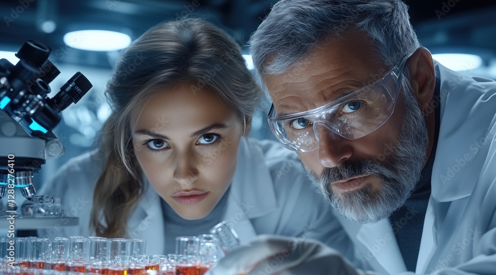 Poster two scientists intensely analyze glass vials filled with liquid while using a microscope in a high-t