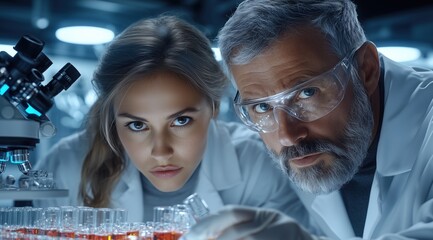 Two scientists intensely analyze glass vials filled with liquid while using a microscope in a high-tech laboratory, emphasizing their concentration and collaborative effort in research