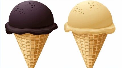 Chocolate and Vanilla Ice Cream Cones on White