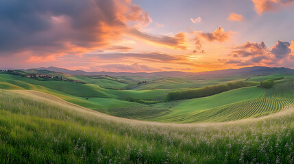 An idyllic vineyard in the rolling hills of Tuscany under a pastel sunset.