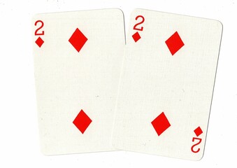 A hand of playing cards showing an identical pair on a white background.