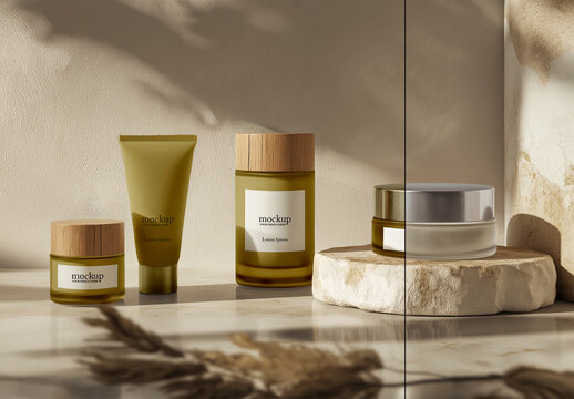 Luxury Skincare Packaging Mockup with Glass Jars and Tubes in a Natural Setting