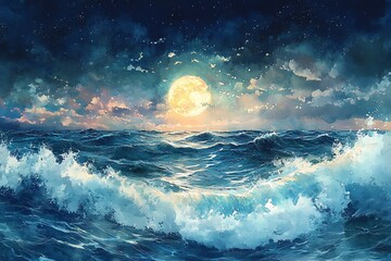 Ocean Wave Crashing Under Moonlight with Starry Sky Artistic Painting