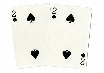 A hand of playing cards showing an identical pair on a white background.