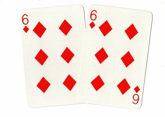 A hand of playing cards showing an identical pair on a white background.