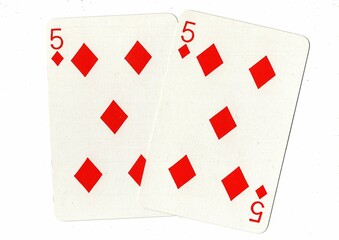 A hand of playing cards showing an identical pair on a white background.