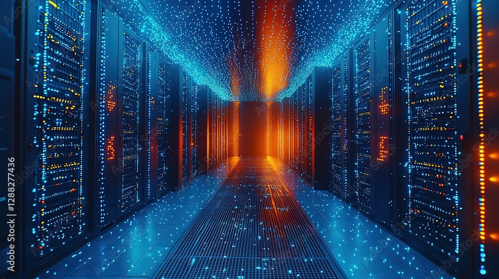 Poster information traveling through the data center storage in blue and orange colors. cloud computer syst
