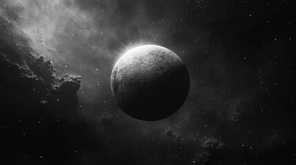 Obraz premium A captivating black-and-white vista of the moon’s textured surface, revealing craters and smooth plains, evoking lunar mysteries within its silvery sphere