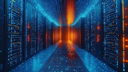 Information traveling through the data center storage in blue and orange colors. Cloud computer system database infrastructure room, cybersecurity hosting and support, black connection racks 8k image