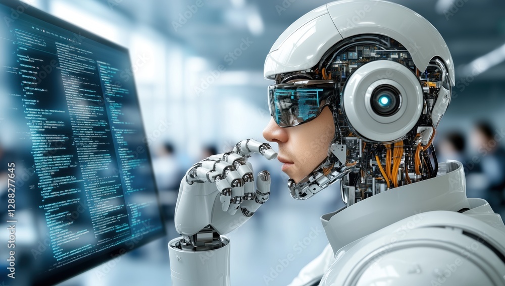 Poster robot with human-like features is intently analyzing data on a large screen in a contemporary techno