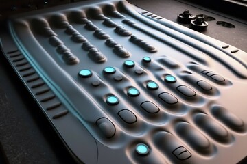 A close-up of a futuristic control panel with glowing turquoise buttons and a sleek, textured surface.
