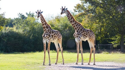 Obraz premium Two Giraffes Gracefully Grazing Under the Clear Blue Sky 