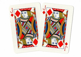 A hand of playing cards showing an identical pair on a white background.