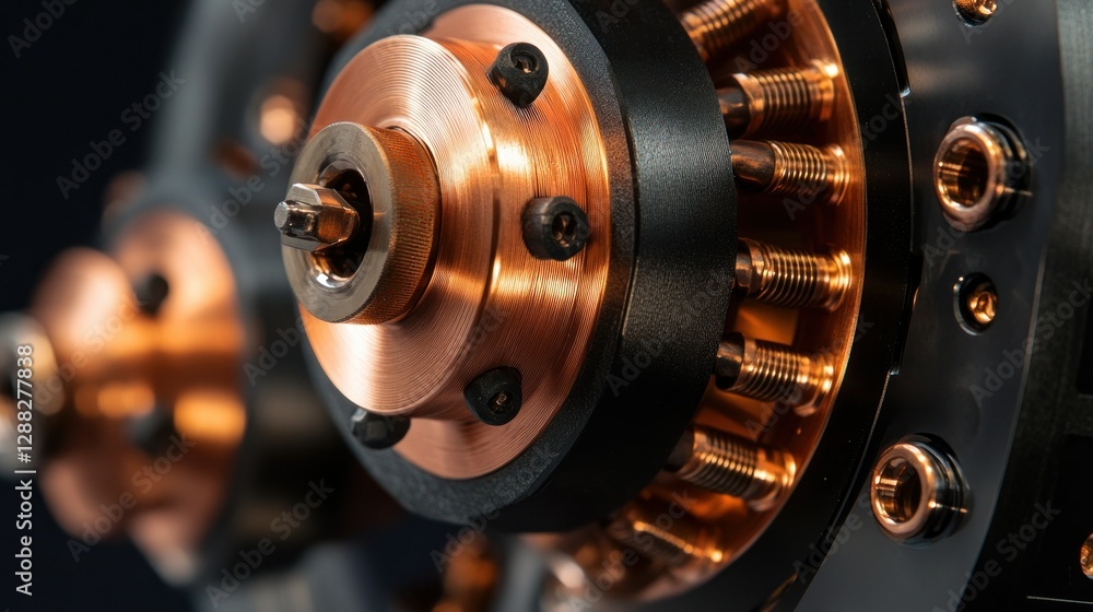Poster close-up view of a copper and black mechanical component showcasing intricate details and textures