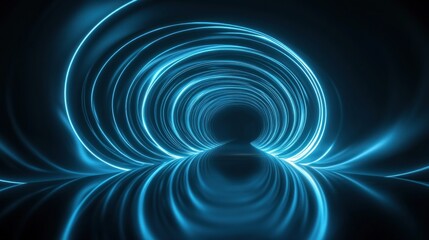 Abstract blue glowing neon light tunnel with reflective surface.