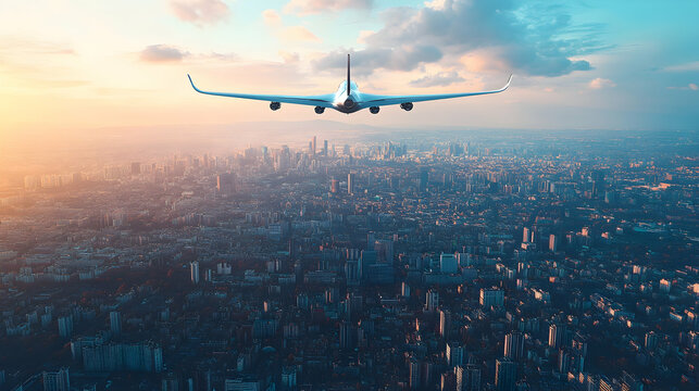Airplane Over City Sunset View