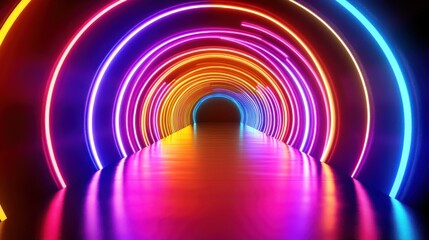 Colorful neon lights form a tunnel with vibrant reflections on a glossy floor.