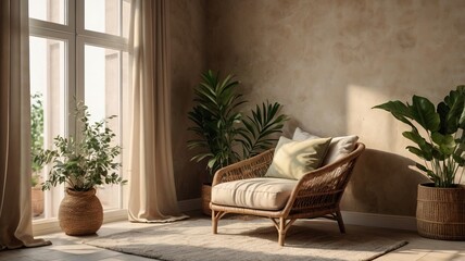 Beige Wall Mockup in Boho Room with Wicker Armchair