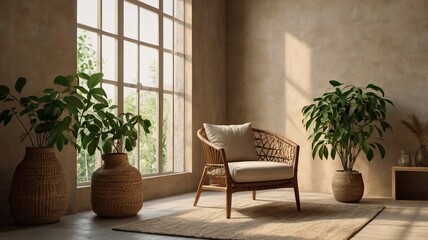 Fototapeta premium Beige Wall Mockup in Boho Room with Wicker Armchair