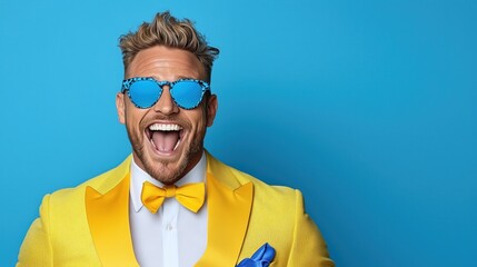 Fototapeta premium man dressed in a striking yellow suit showcases a big smile while wearing stylish sunglasses. lively blue background adds to the overall joyous atmosphere, highlighting his upbeat demeanor