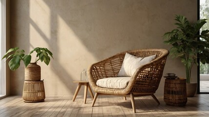 Beige Wall Mockup in Boho Room with Wicker Armchair