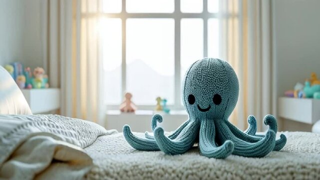 Cute knitted octopus toy in a beautiful children's bedroom

