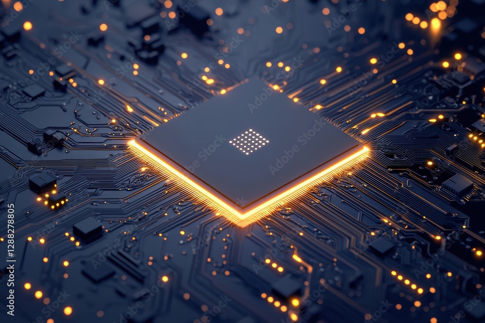Poster abstract ai chip with electric circuits radiating from the center, representing artificial intellige