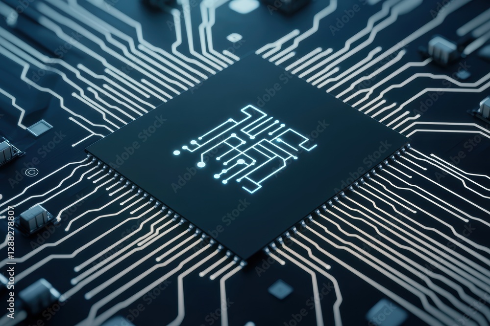 Poster abstract ai chip with electric circuits radiating from the center, representing artificial intellige