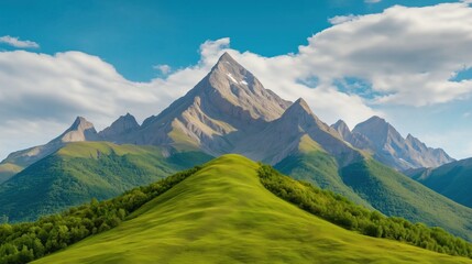Obraz premium stunning view of a mountain range dominates the landscape, with jagged peaks rising against a clear blue sky