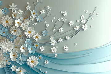 Composition of white paper daisies on a light blue background, space for text