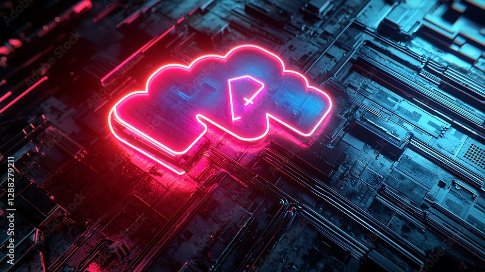 Poster neon cloud symbol on circuit board. futuristic abstract graphic. stock photo use