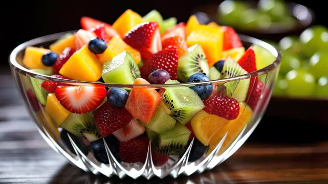 Fresh mixed fruit salad featuring vibrant strawberries, blueberries, kiwi, and melons served in a crystal bowl on a wooden table at a summer gathering