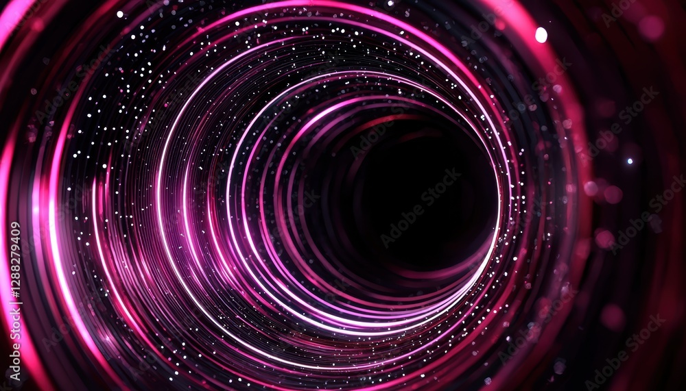 Poster abstract digital tunnel effect with glowing dots and motion-blurred lines, creating depth and futuri