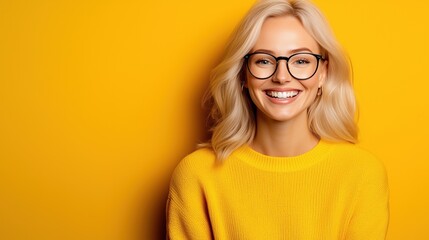 Fototapeta premium woman with blonde hair and glasses displays a warm smile while wearing a yellow sweater. bright yellow background enhances the cheerful atmosphere, emphasizing her happiness