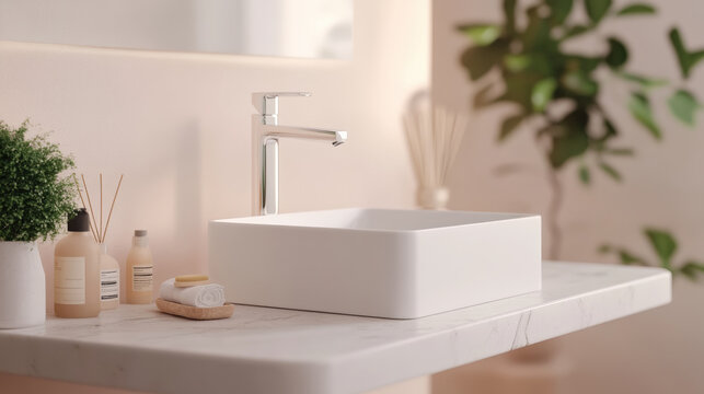 modern square basin with sleek faucet sits on marble countertop, surrounded by skincare products and small plant, creating serene bathroom atmosphere