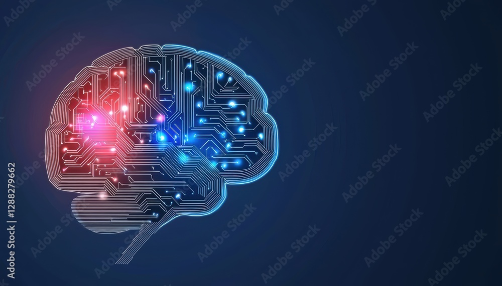 Poster abstract electric circuits forming a futuristic brain with glowing neural connections, visualizing a