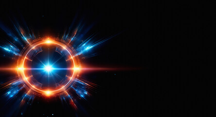 Fototapeta premium Abstract glowing circle with vibrant orange and blue light bursts on a dark background. It evokes a sense of energy, technology, and futuristic concepts.