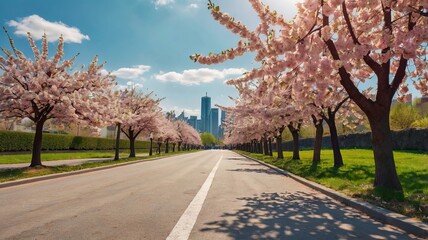 Naklejka premium Blank Sign with Spring Cityscape and Cherry Blossoms