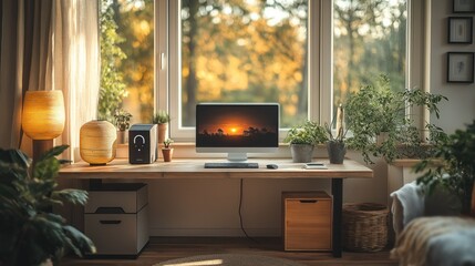 Fototapeta premium minimalistic workspace with Wi-Fi extender ensuring seamless internet in every corner