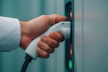Electric Vehicles Concepts. Hand connecting an electric vehicle charger to a charging station.